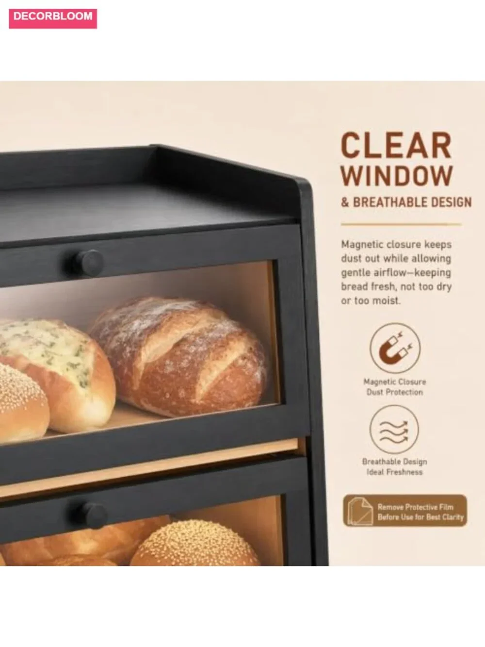 Large Double Layer Bamboo Bread Box with Clear Window and Magnetic Closure